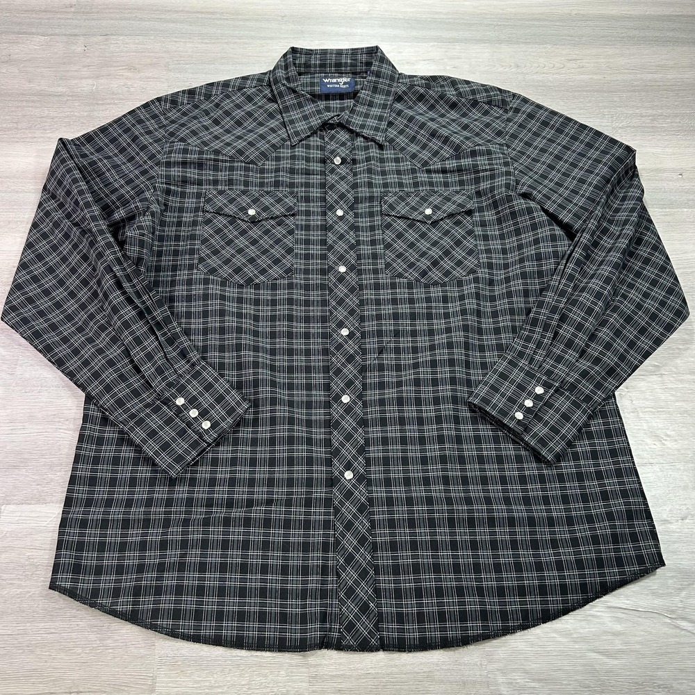 Wrangler Shirt‎ Mens XL Black Plaid Long Sleeve Western Snap Button Up Casual